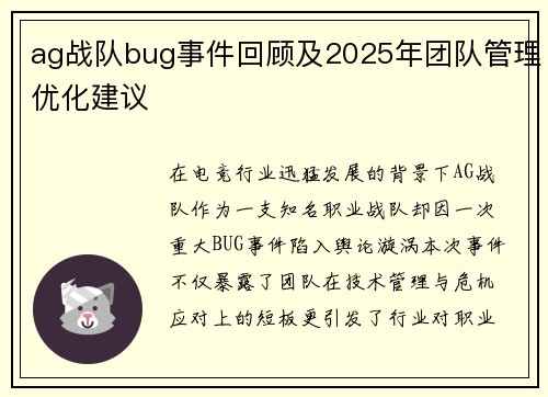 ag战队bug事件回顾及2025年团队管理优化建议